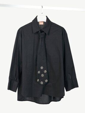 Zeta Otto Black Cotton Poplin Embellished-Tie Buttoned Shirt